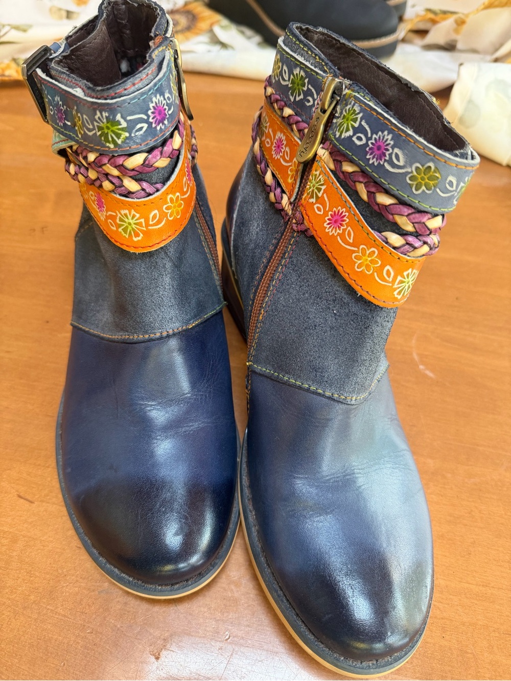 Socofy Women’s Navy Leather & Suede Ankle Boot with Floral Straps 8.5